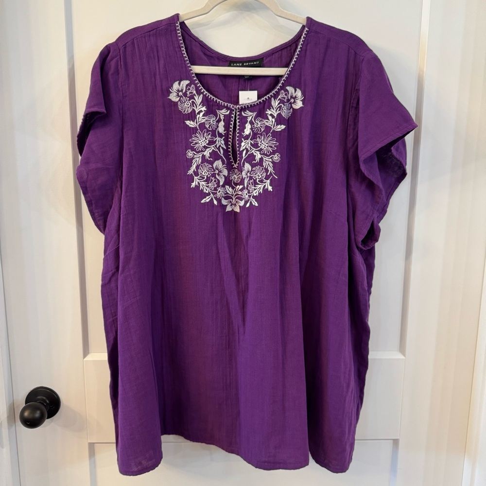 Lane Bryant Purple Cotton Blouse with Floral Embroidery
